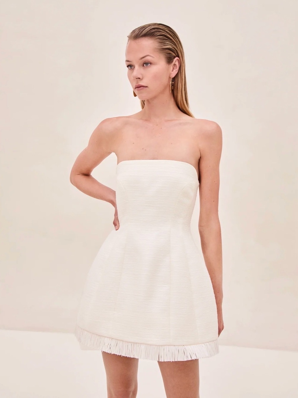 Alexis Ivory Strapless Fringe-Hem Mini Dress